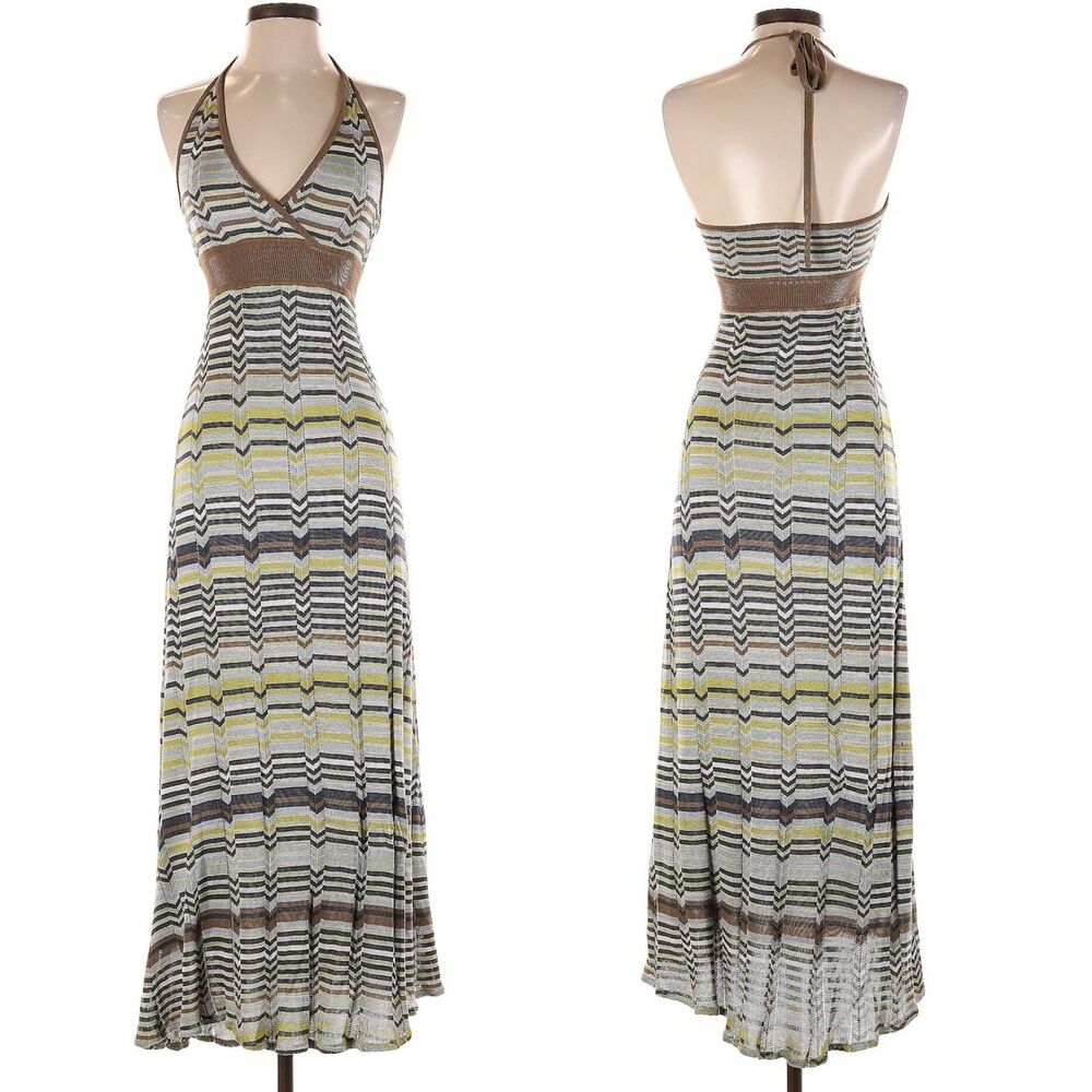 Vintage Y2K BCBGMAXAZRIA Knit Dress Halter Maxi Chevron Silk Boho Size XS